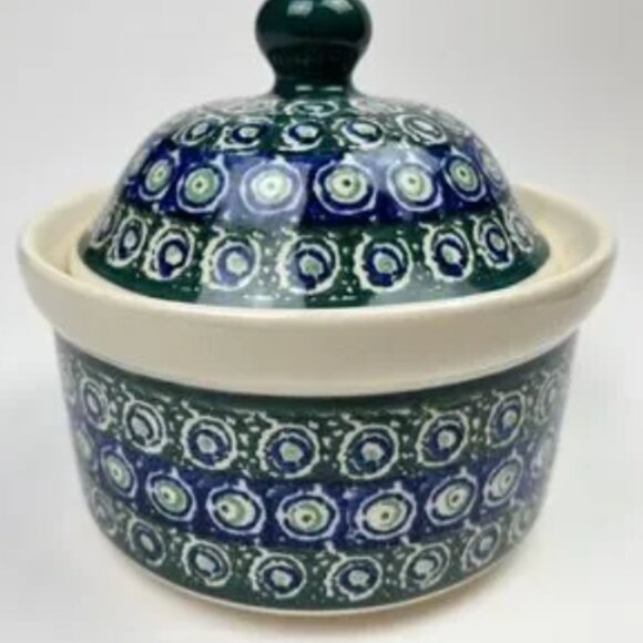 POLISH POTTERY Blue and Green Round Container Jar with Lid - Picture 8 of 9